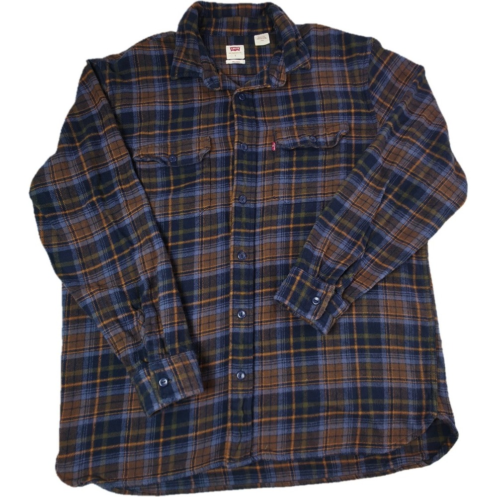 Levi's Flannel Shirt Mens Large Blue Brown Plaid Relaxed Fit Excellent